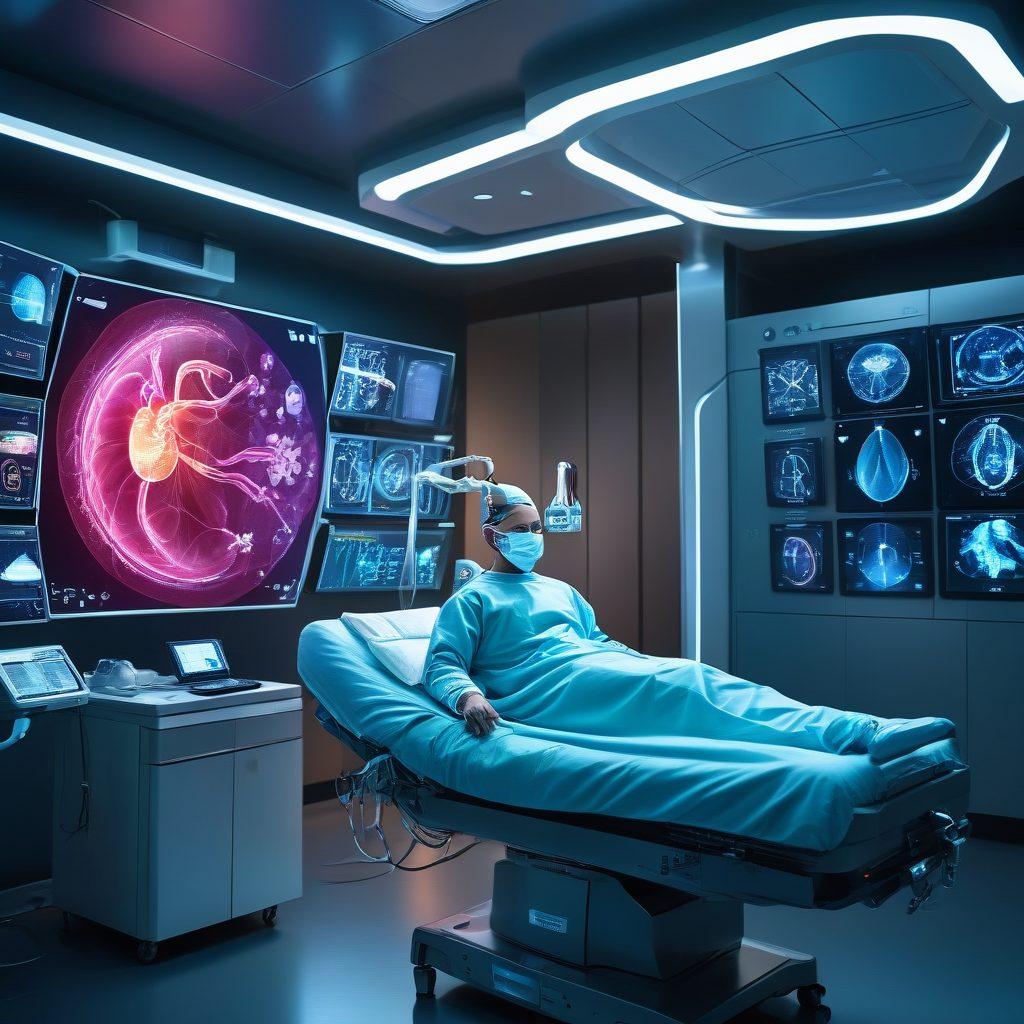 A dynamic scene showcasing a futuristic surgical room with advanced robotic assistance, highlighting a surgeon performing a cutting-edge procedure on a cancer patient. Incorporate holographic displays of cancer cells and innovative technology in the background, exemplifying a blend of human expertise and machine precision. The atmosphere should convey hope and innovation, with bright, uplifting colors. super-realistic. vibrant colors. 3D.