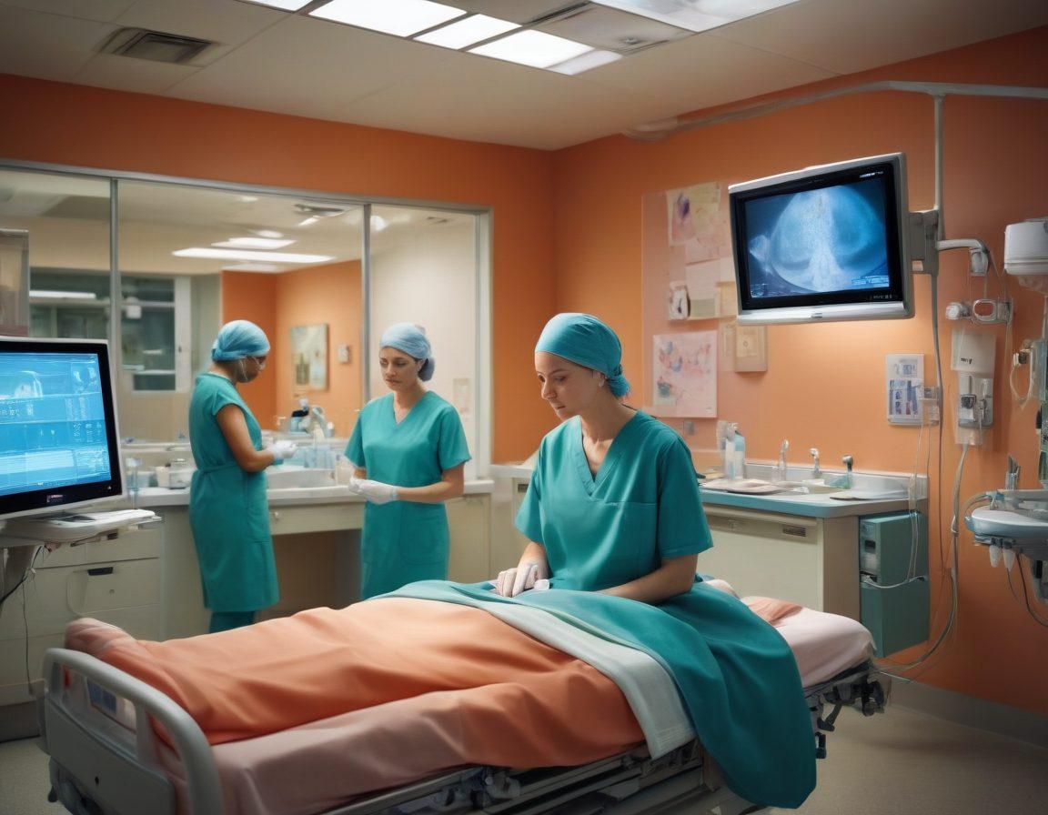 A powerful visual journey depicting the stages of cancer surgery, from diagnosis to recovery. The scene includes a hospital environment with a doctor discussing scan results with a patient, followed by an operating room where surgeons are performing an operation, and then a serene recovery area with a patient receiving care surrounded by supportive friends and family. Use vibrant colors to convey hope, resilience, and healing. super-realistic. warm tones. 3D.