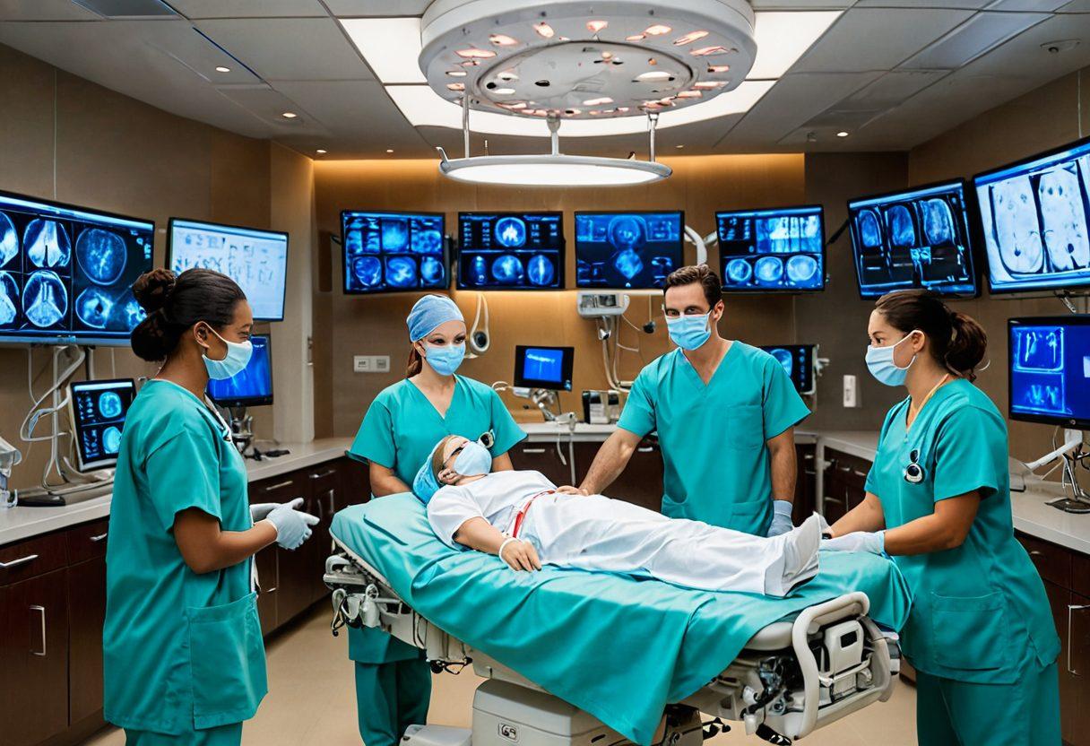A dynamic, hopeful scene showcasing a diverse group of patients and surgeons collaborating in a modern surgical room, with advanced technology in the background. Include transparent screens displaying surgical procedures and a visual emphasis on data charts illustrating survival rates. The atmosphere should be bright, conveying empowerment and optimism. super-realistic. vibrant colors. medical theme.